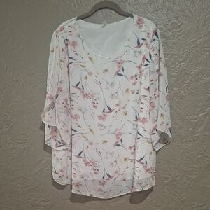 Neineiwu.Chic Floral Women's Blouse - Pink and White Size 2XL